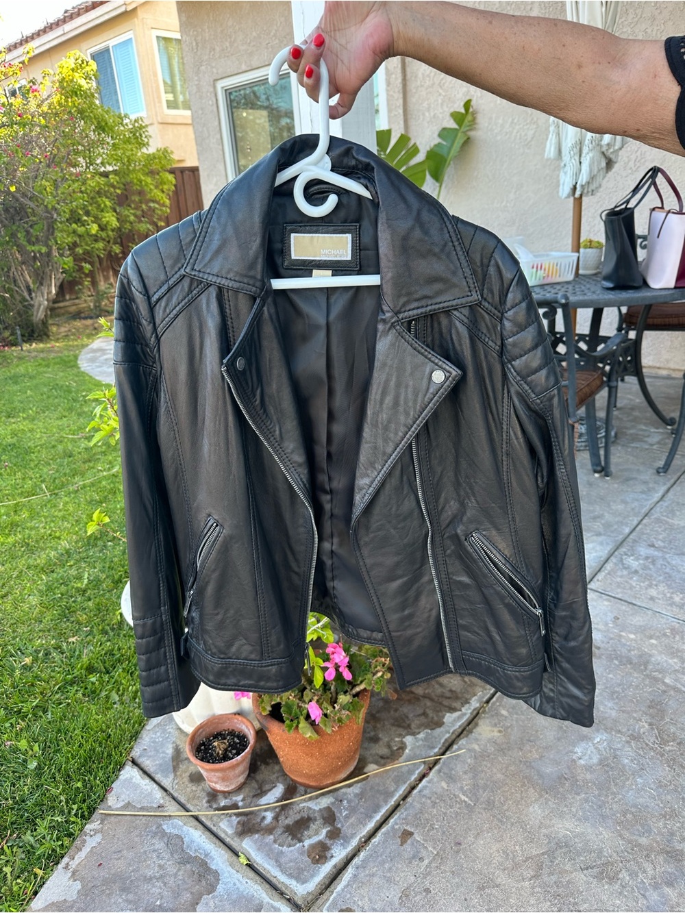 Michael Kors Black Leather Moto Jacket with Quilted Detail